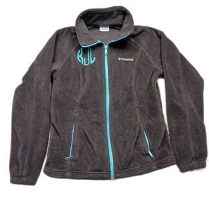 Colombia Fleece Monogrammed Jacket Black/Teal Zip 2 Pocket Womans M